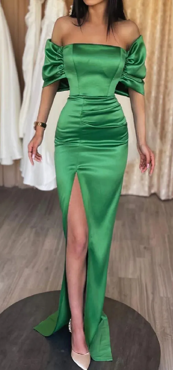 Elegant Off Shoulder Mermaid Green Side Slit Satin Long Bridesmaid Dresses Online, BG596