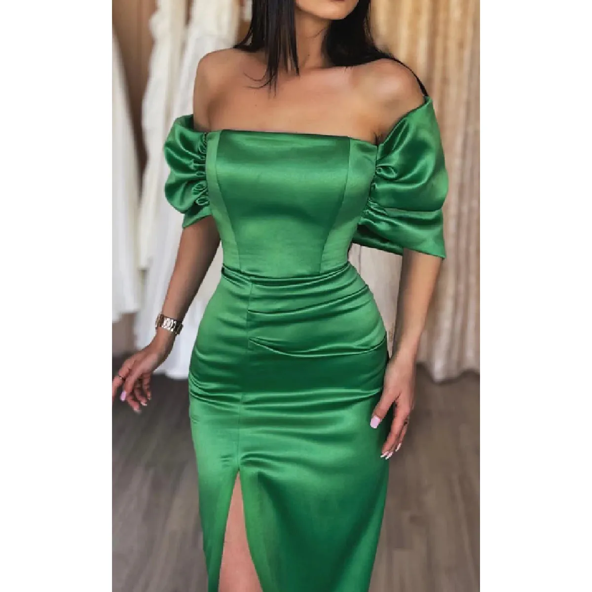 Elegant Off Shoulder Mermaid Green Side Slit Satin Long Bridesmaid Dresses Online, BG596