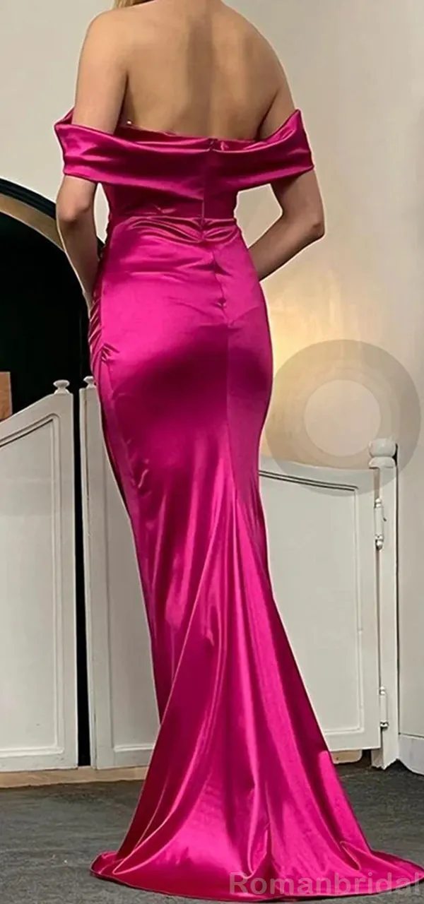 Elegant Off the Shoulder Fuchsia Mermaid Front Slit Satin Bridesmaid Dresses Online, BG497