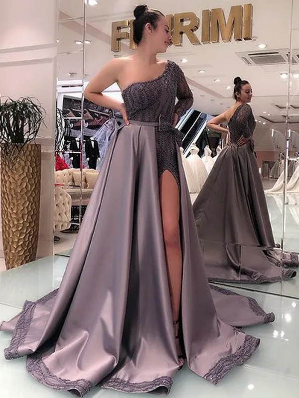 Elegant One-shoulder A-line Two-piece Satin Long Prom Dresses Online,SFPD0112