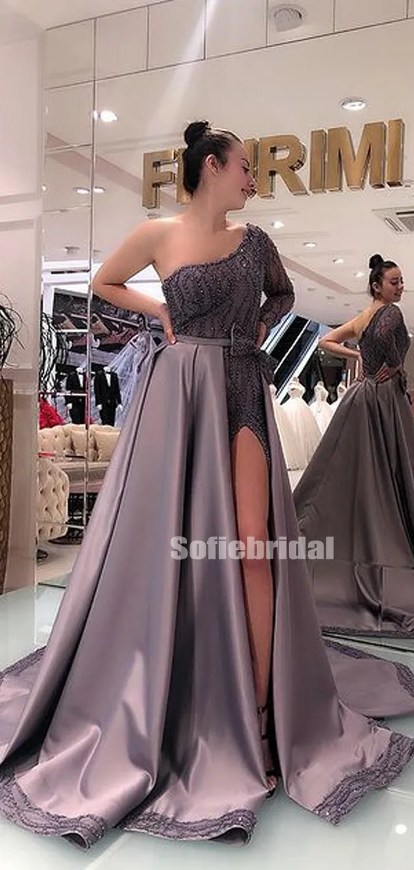 Elegant One-shoulder A-line Two-piece Satin Long Prom Dresses Online,SFPD0112