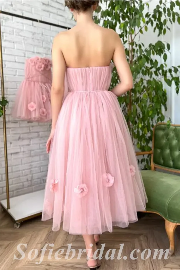 Elegant Pink Tulle Sweetheart Sleeveless A-Line Short Prom Dresses With Applique,SFPD0540