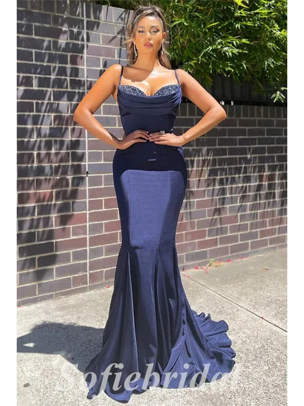 Elegant Satin Spaghetti Straps V-Neck Mermaid Long Prom Dresses With Rhinestone,SFPD0675