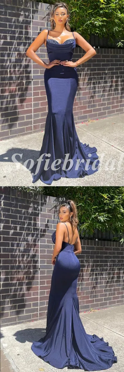 Elegant Satin Spaghetti Straps V-Neck Mermaid Long Prom Dresses With Rhinestone,SFPD0675