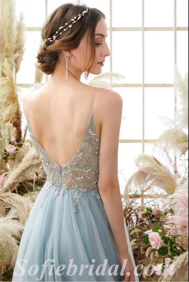 Elegant Tulle Spaghetti Straps V-Neck Side Slit A-Line Long Prom Dresses With Rhinestone,SFPD0471