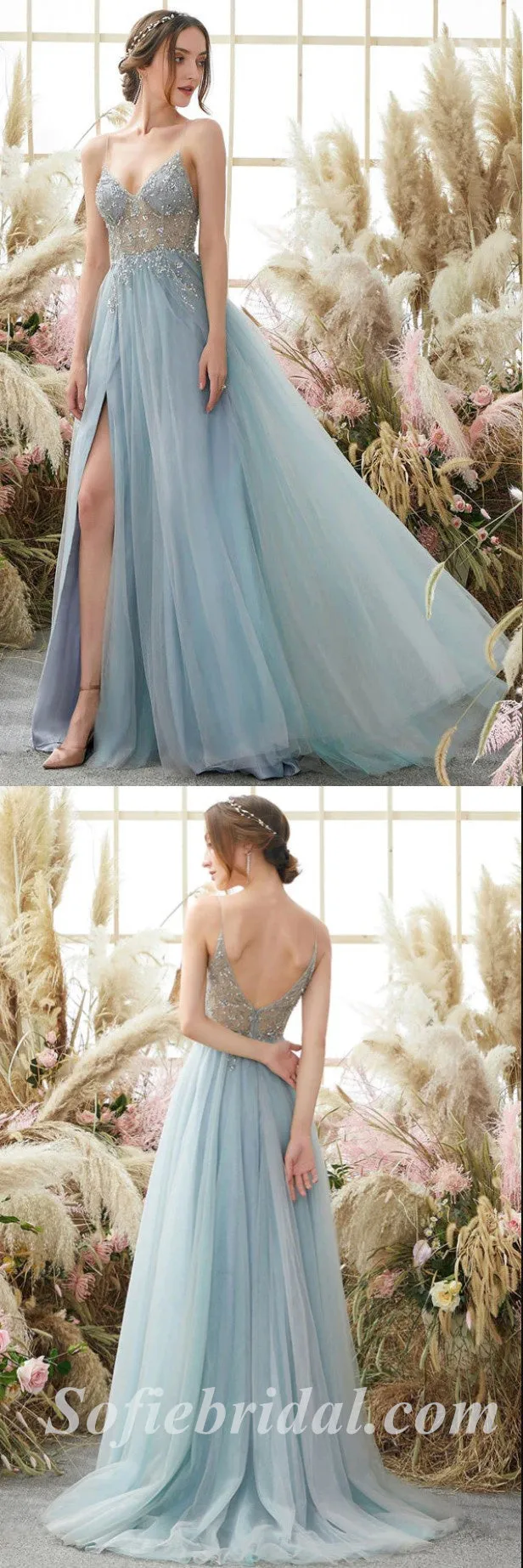 Elegant Tulle Spaghetti Straps V-Neck Side Slit A-Line Long Prom Dresses With Rhinestone,SFPD0471