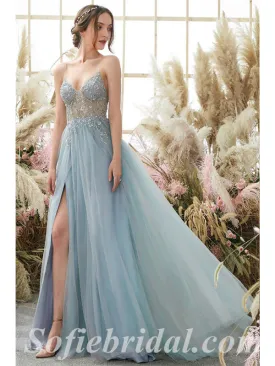 Elegant Tulle Spaghetti Straps V-Neck Side Slit A-Line Long Prom Dresses With Rhinestone,SFPD0471