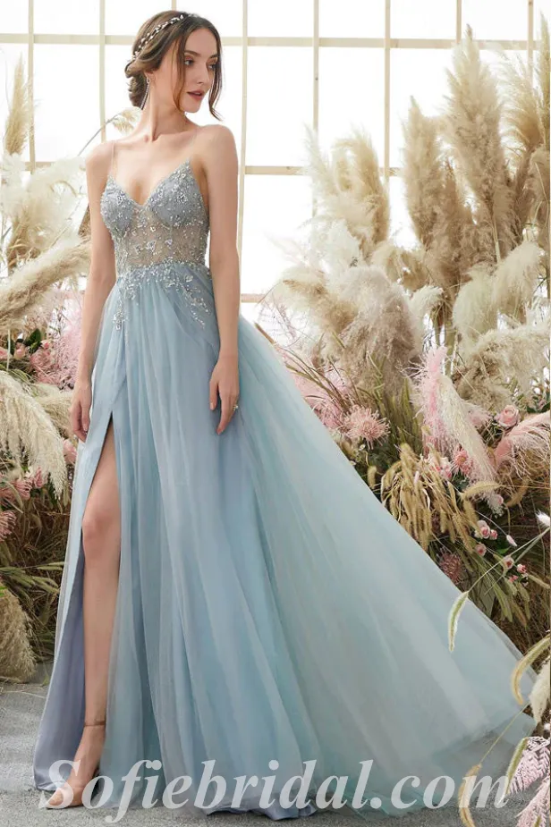 Elegant Tulle Spaghetti Straps V-Neck Side Slit A-Line Long Prom Dresses With Rhinestone,SFPD0471