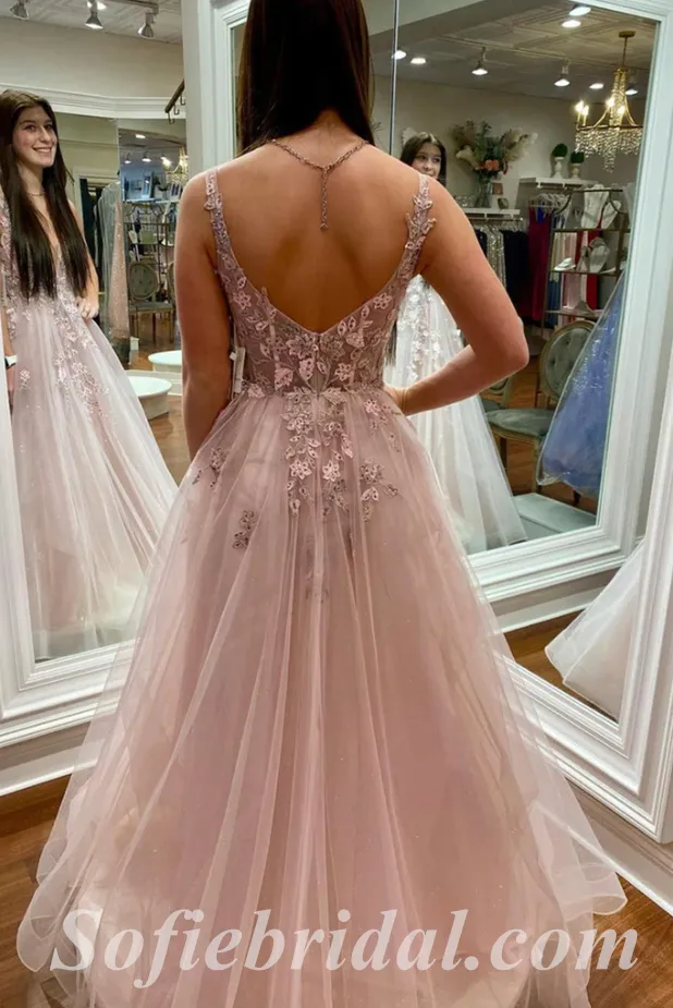 Elegant Tulle Spaghetti Straps V-Neck Sleeveless A-Line Long Prom Dresses With Applique And Beading,SFPD0542