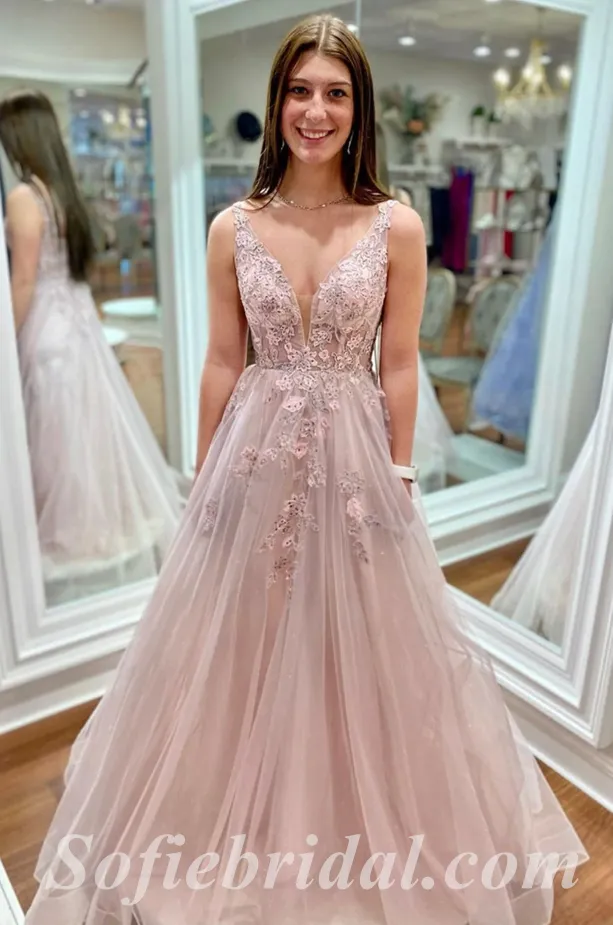 Elegant Tulle Spaghetti Straps V-Neck Sleeveless A-Line Long Prom Dresses With Applique And Beading,SFPD0542