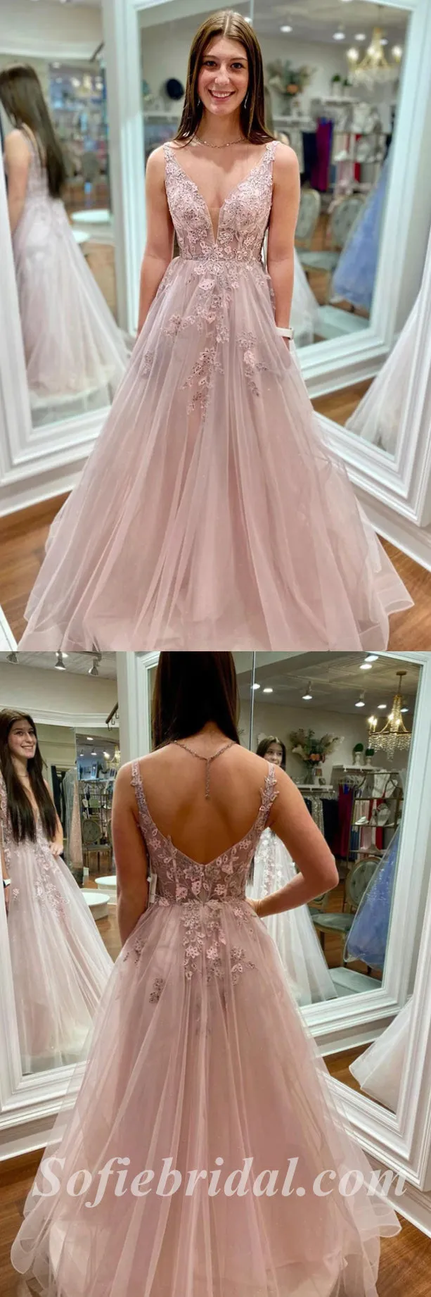 Elegant Tulle Spaghetti Straps V-Neck Sleeveless A-Line Long Prom Dresses With Applique And Beading,SFPD0542