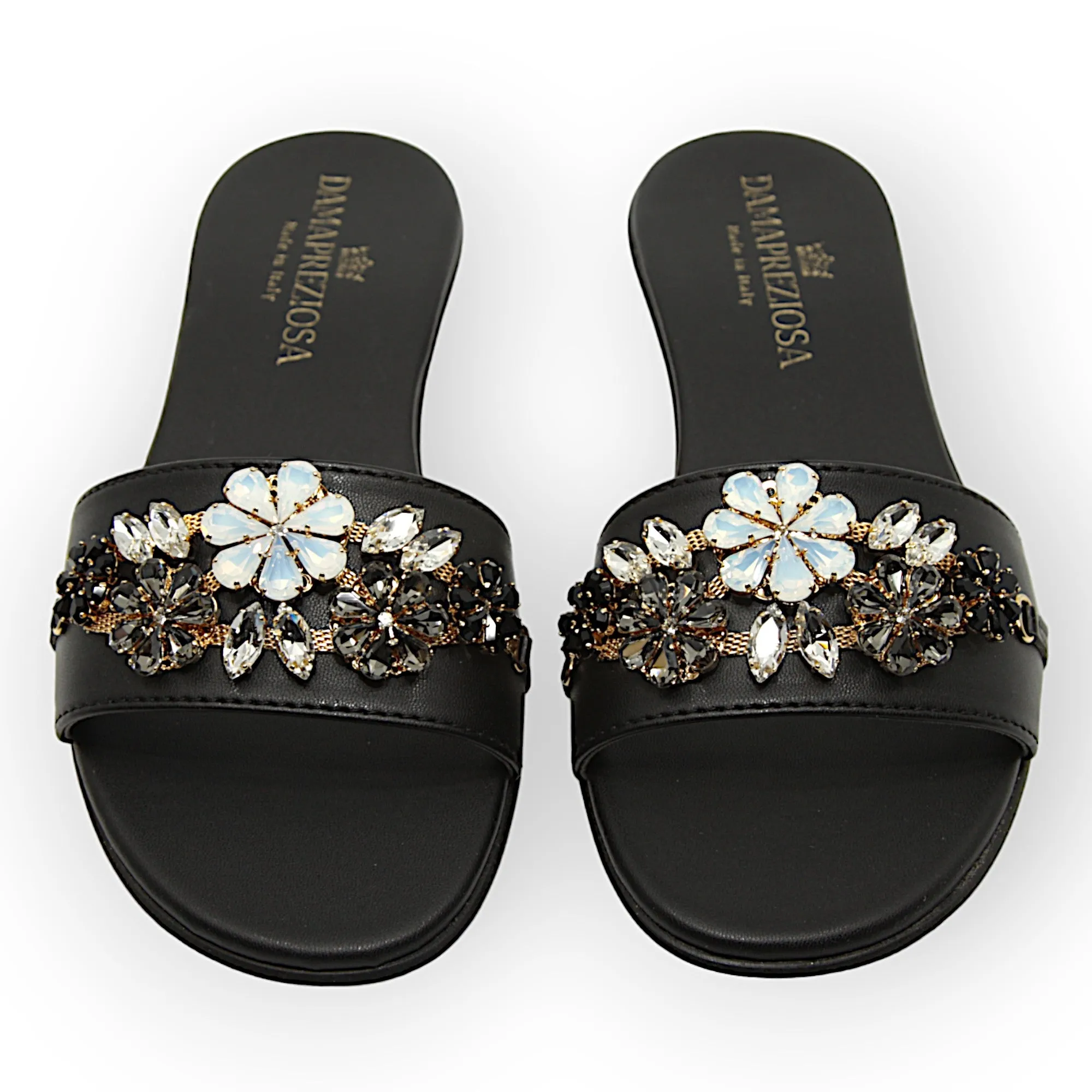 Flora Black Flat Mule Sandal With Crystals