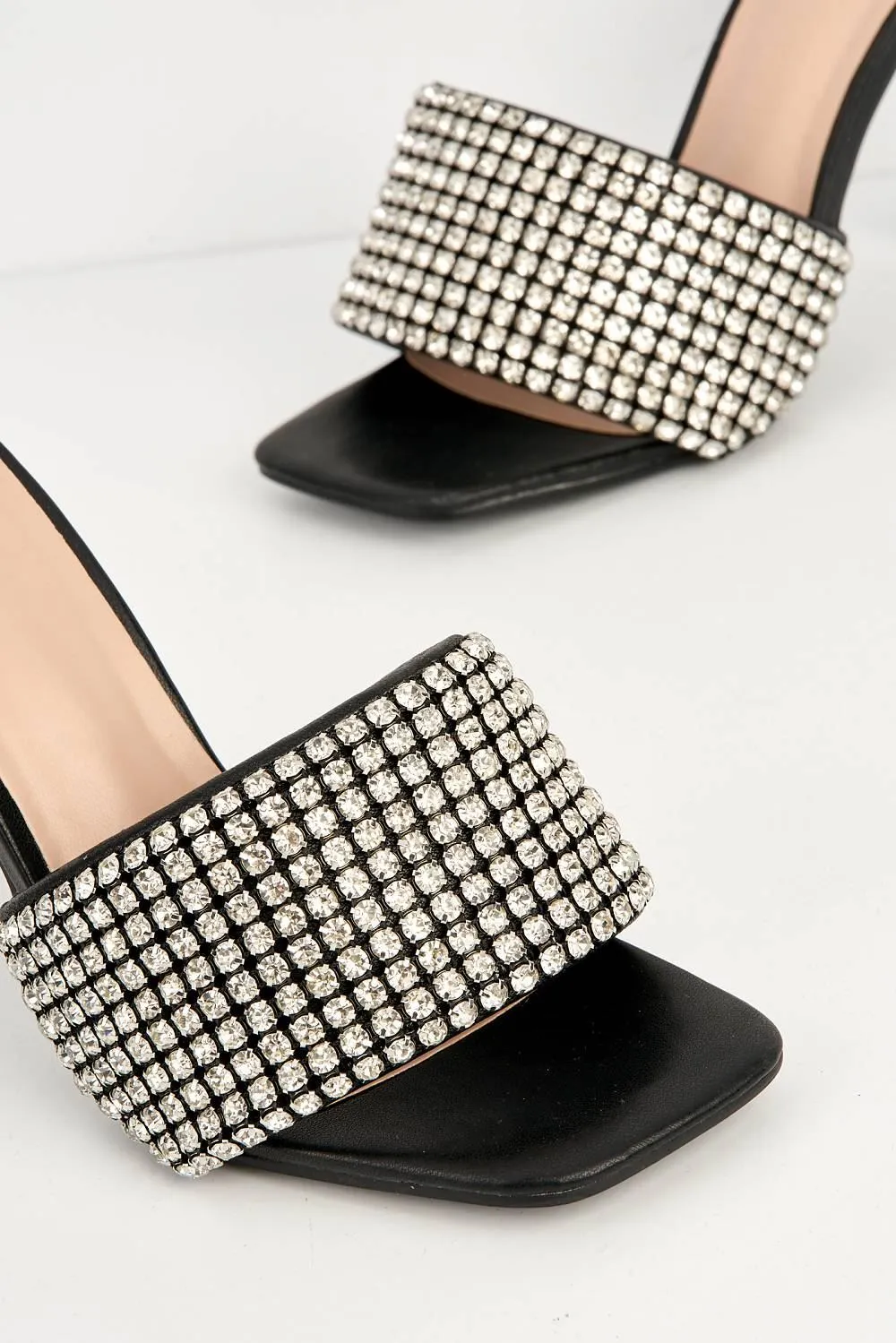 Gemme Thick Perspex Heel Diamante Embellished Band Mules in Black