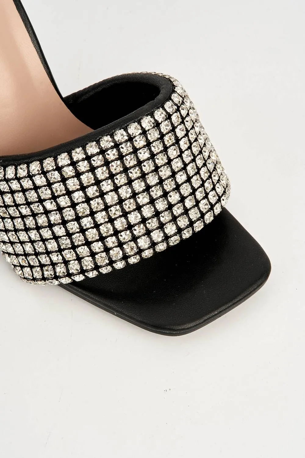 Gemme Thick Perspex Heel Diamante Embellished Band Mules in Black