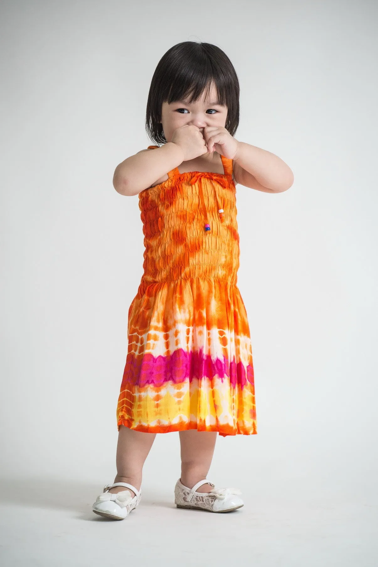 Girls Children's Tie Dye Cotton Dress With Beads Orange