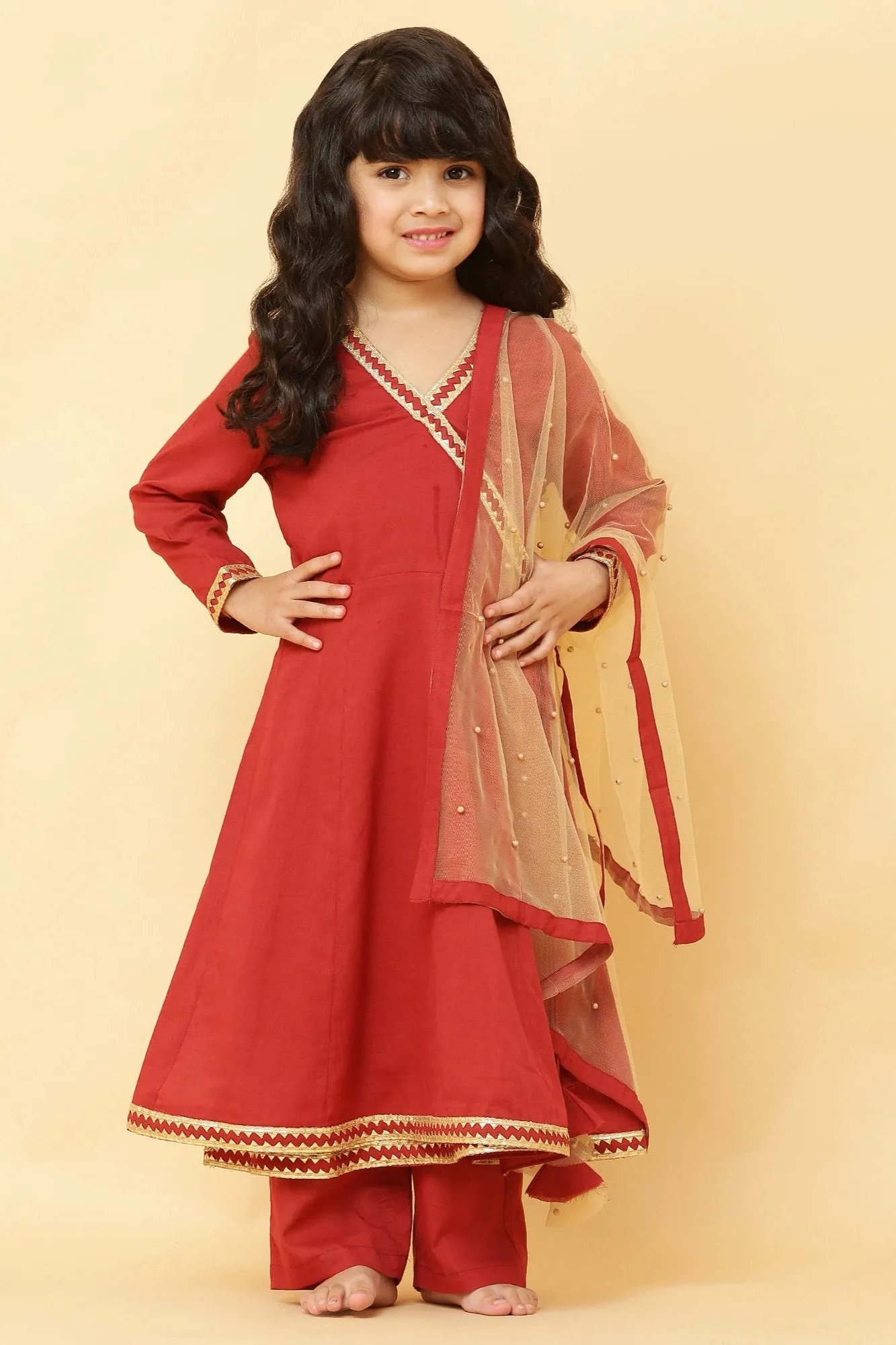 Girls Maroon Angrakha with Pant - Set of 3