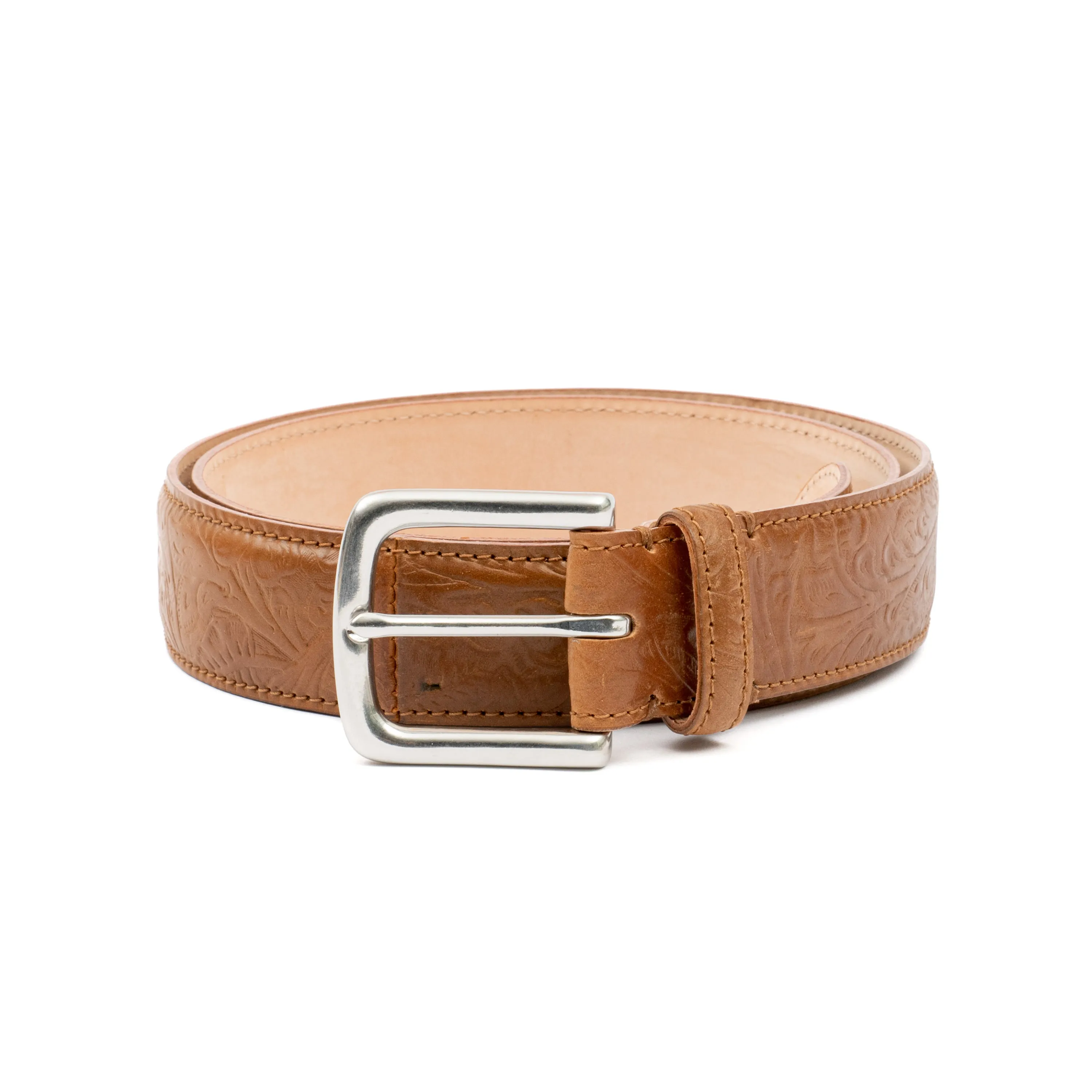 Horween Bourbon Shell Cordovan Leather Belt with Floral Embossing