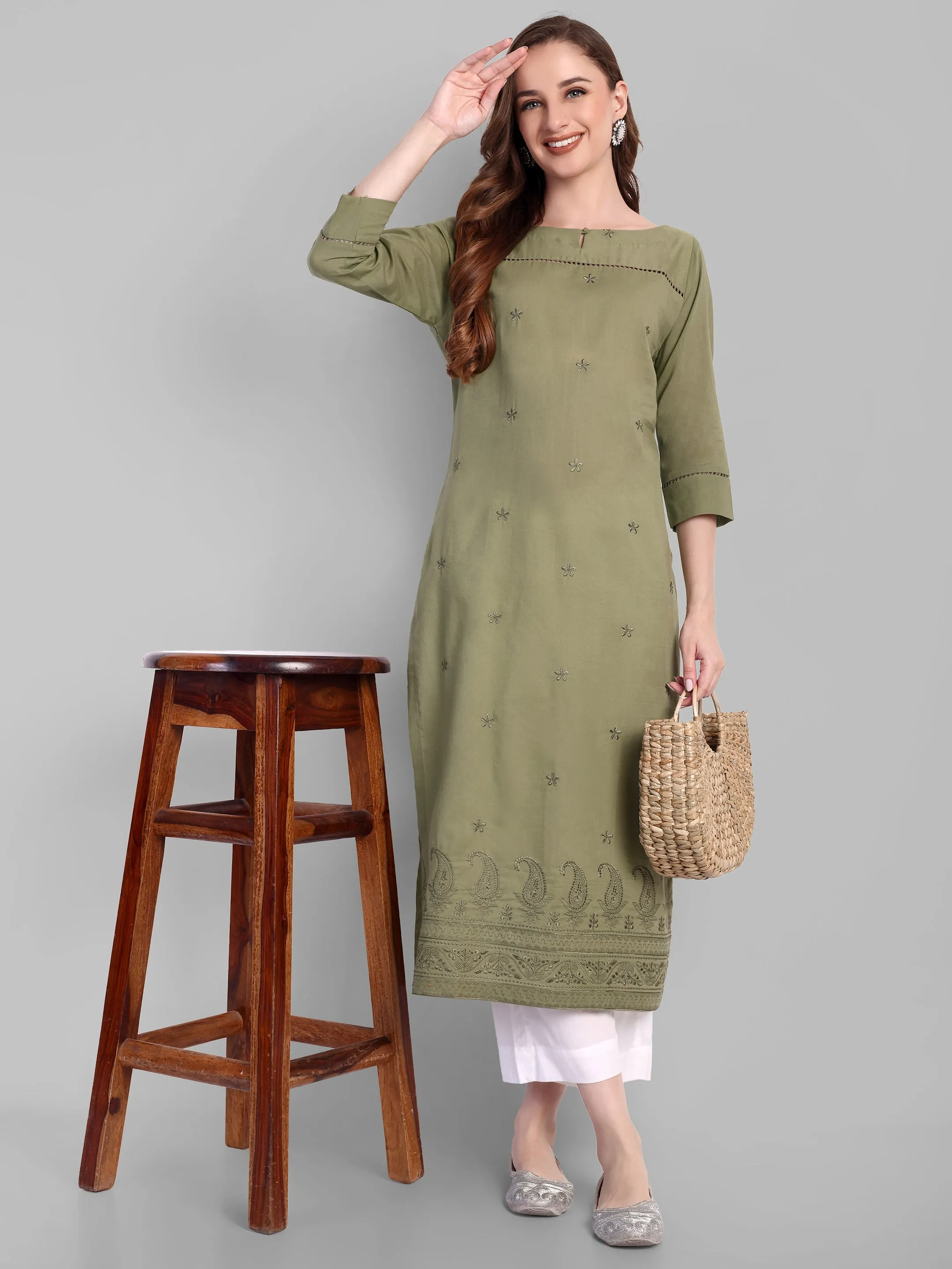 Khaki mul Long chikankari Kurta and pant - Set of 2