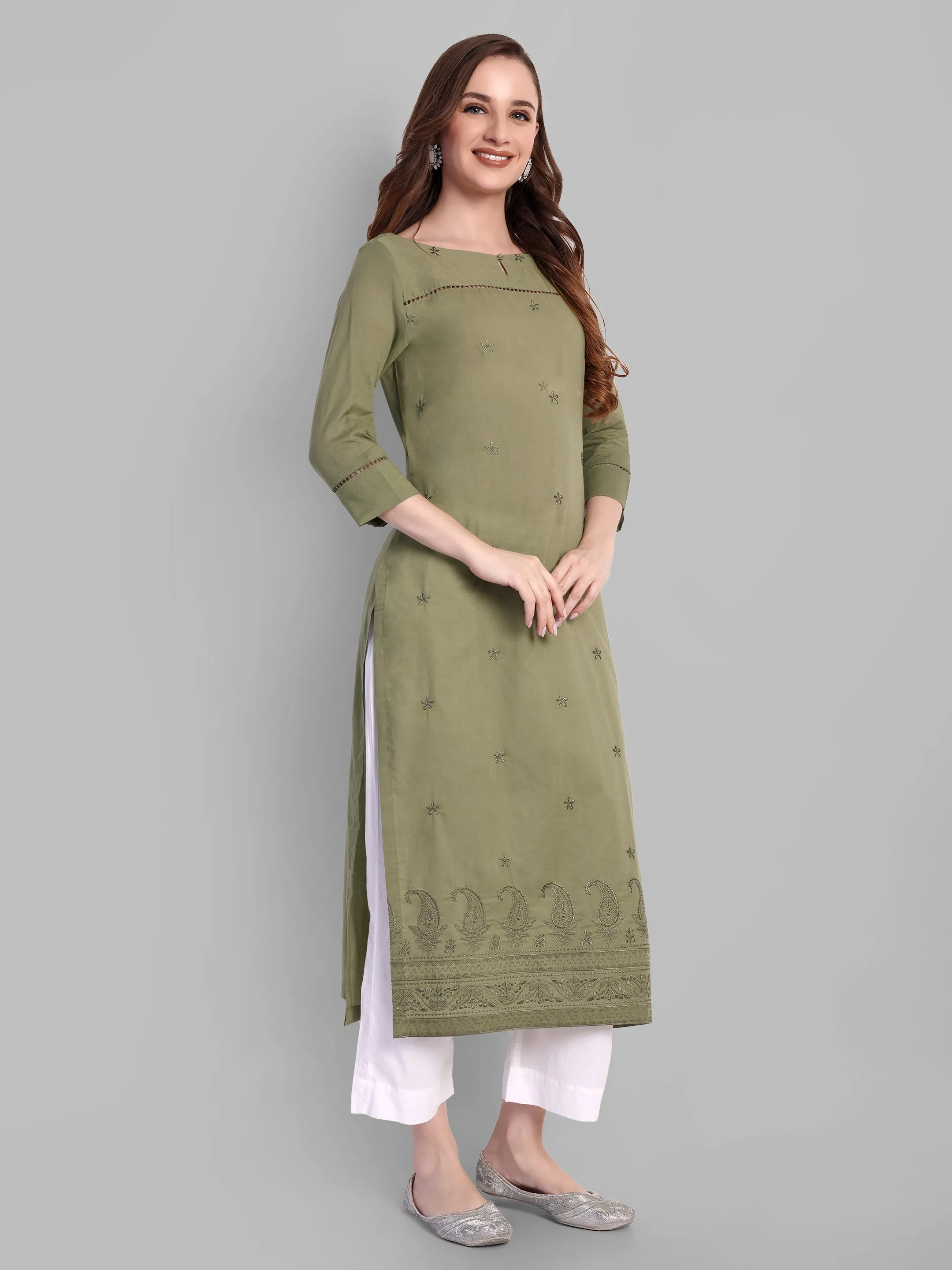 Khaki mul Long chikankari Kurta and pant - Set of 2