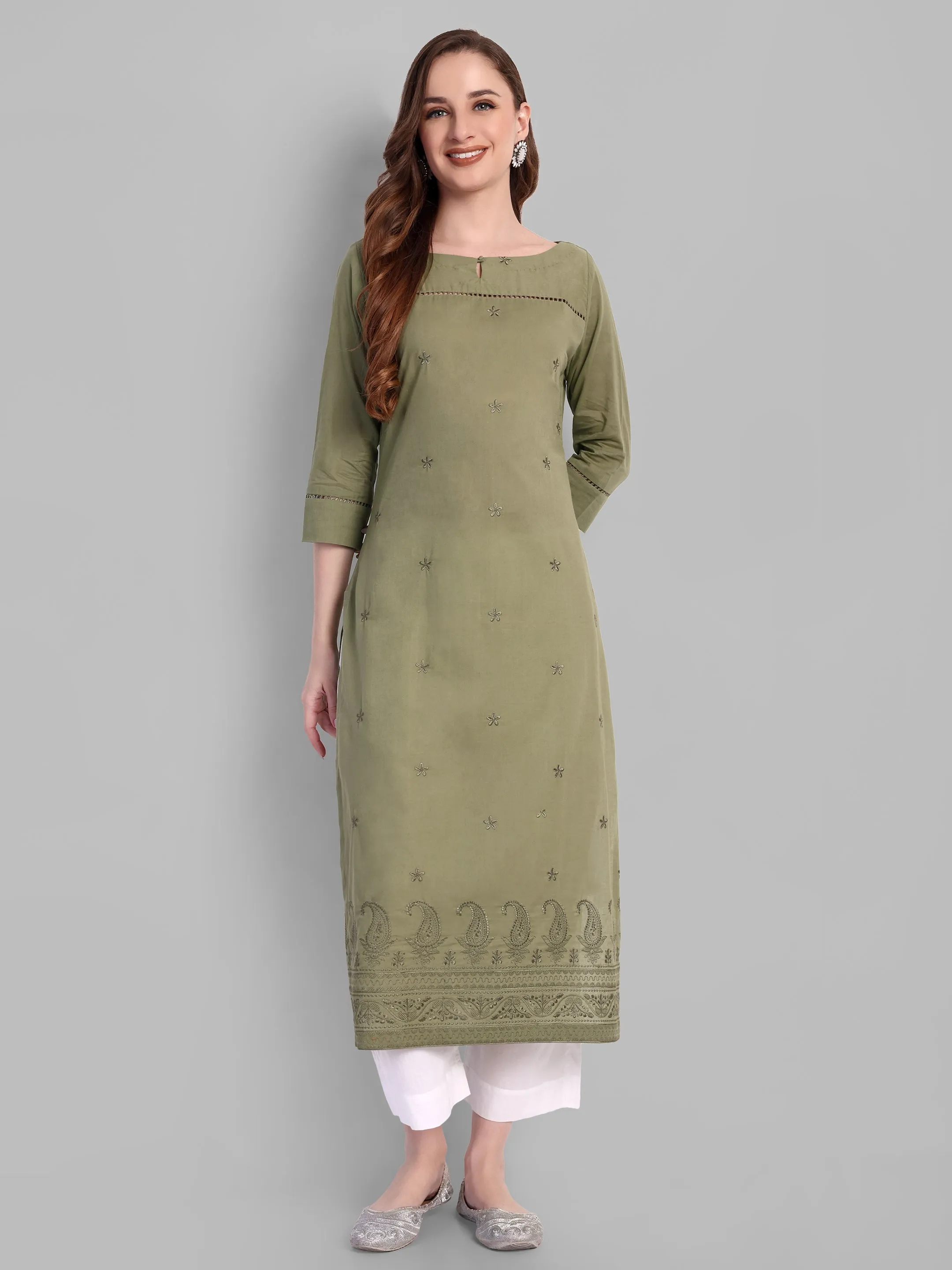 Khaki mul Long chikankari Kurta and pant - Set of 2