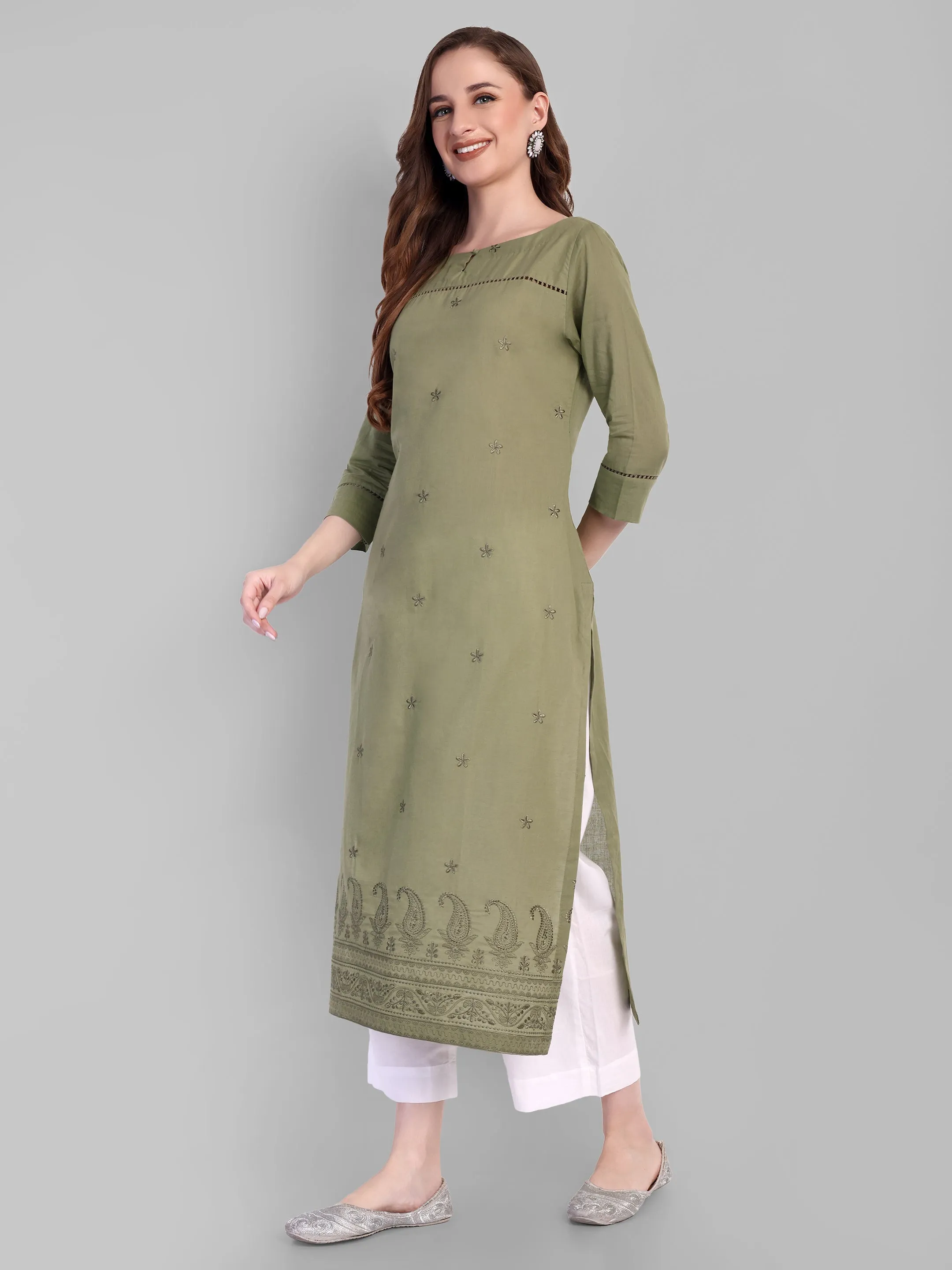 Khaki mul Long chikankari Kurta and pant - Set of 2