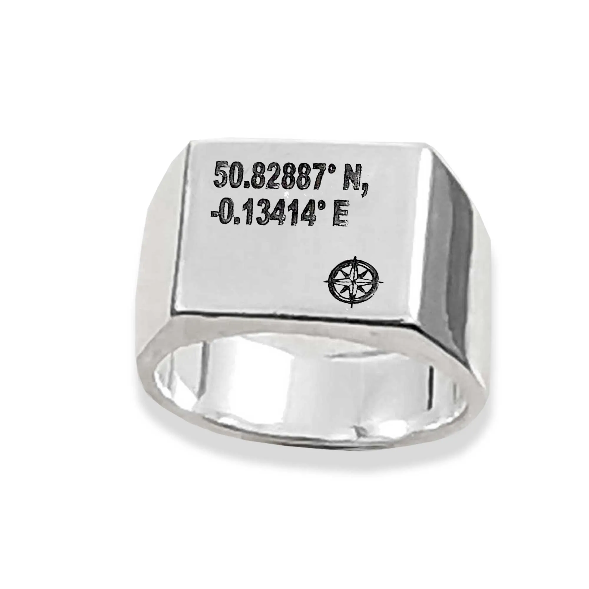 Latitude Longitude Coordinates Large Square Silver Signet Ring