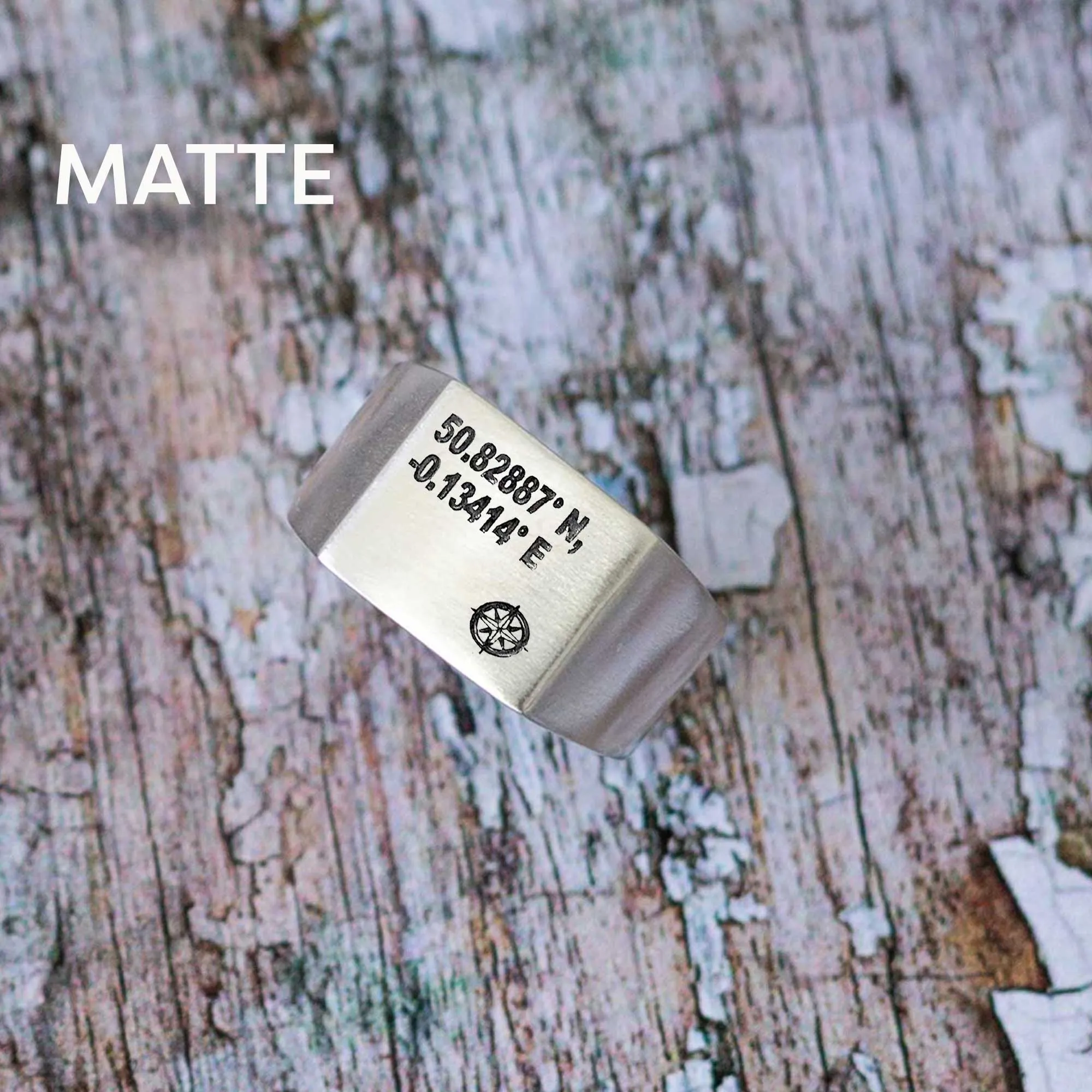 Latitude Longitude Coordinates Large Square Silver Signet Ring