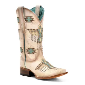 LD White Turquoise Embroidery Square Toe Western Boot - Corral Boots