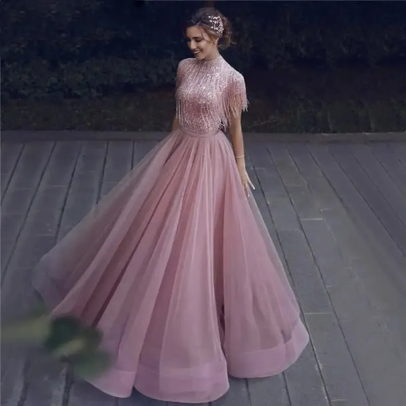 Maria - Pink Tassel Beading Evening Dress