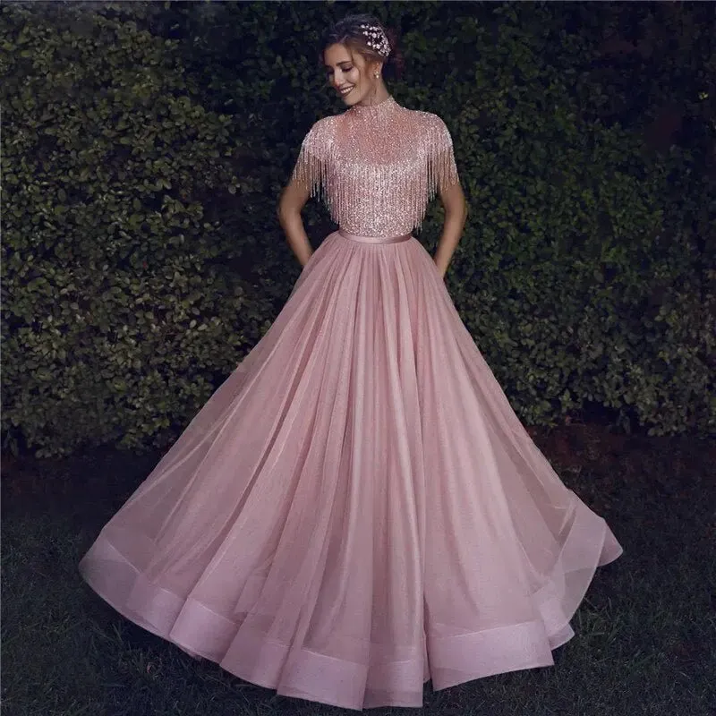 Maria - Pink Tassel Beading Evening Dress