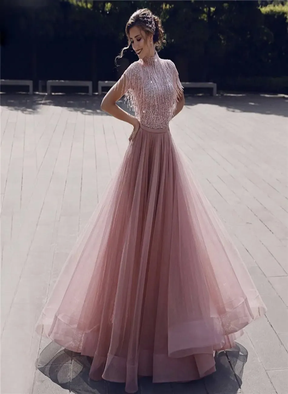 Maria - Pink Tassel Beading Evening Dress