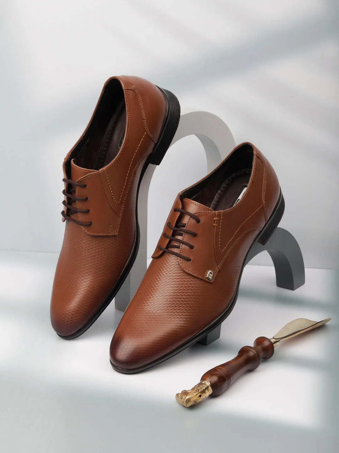 Men's Tan Embossed Pattern  Regular Toe Lace Up Formal  (ID2100)