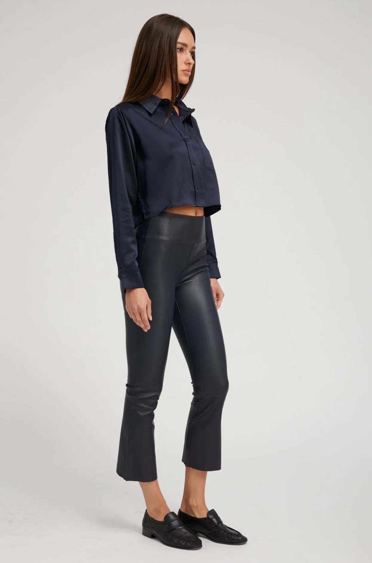 Navy Leather Crop Flare Leggings