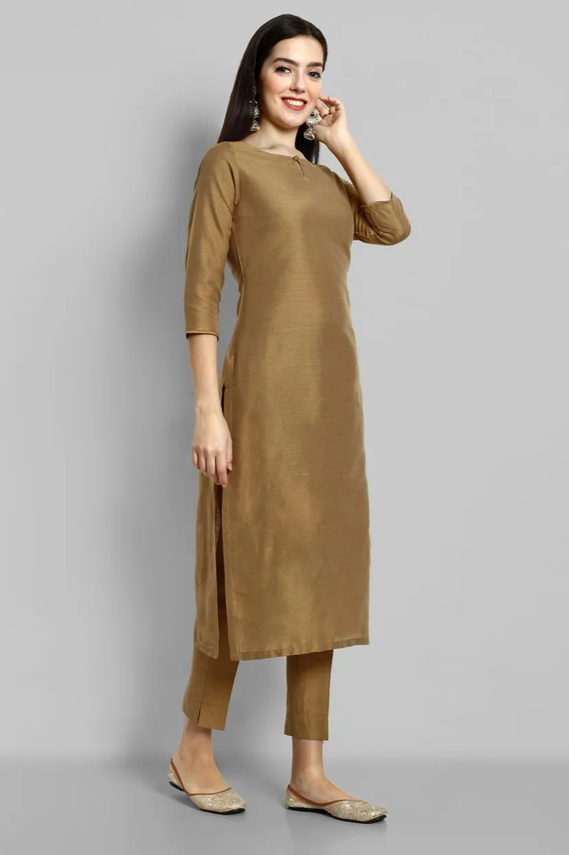 Old Gold Cotton Silk Boat Neck Kurta