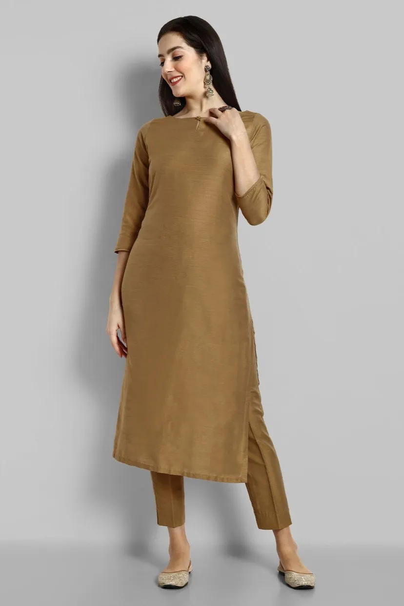 Old Gold Cotton Silk Boat Neck Kurta