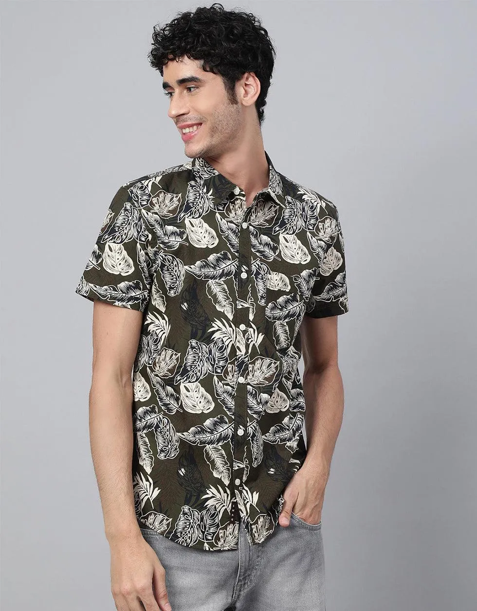 Olive Floral Printed Casual Shirt