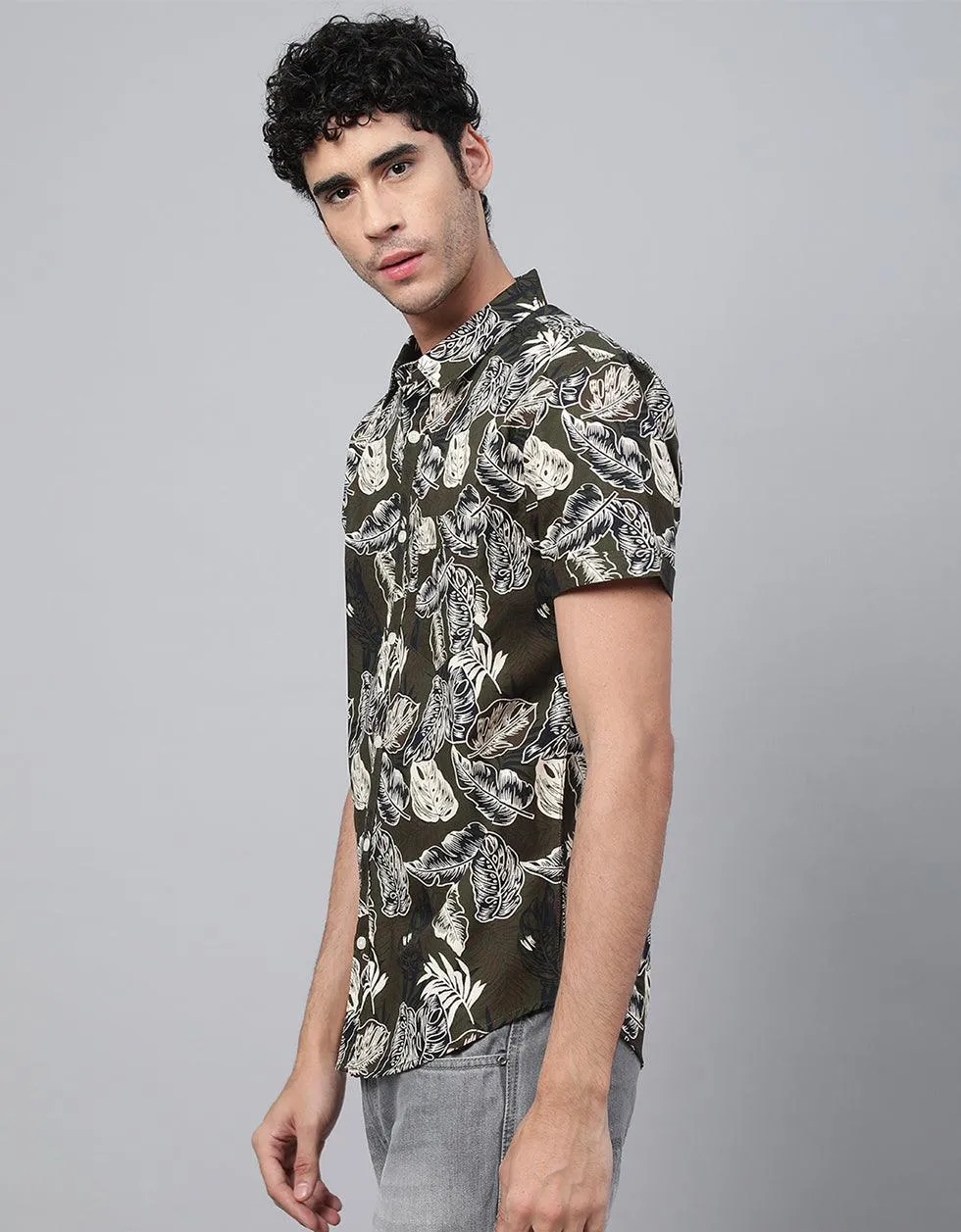 Olive Floral Printed Casual Shirt