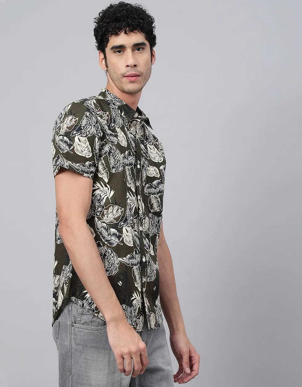 Olive Floral Printed Casual Shirt