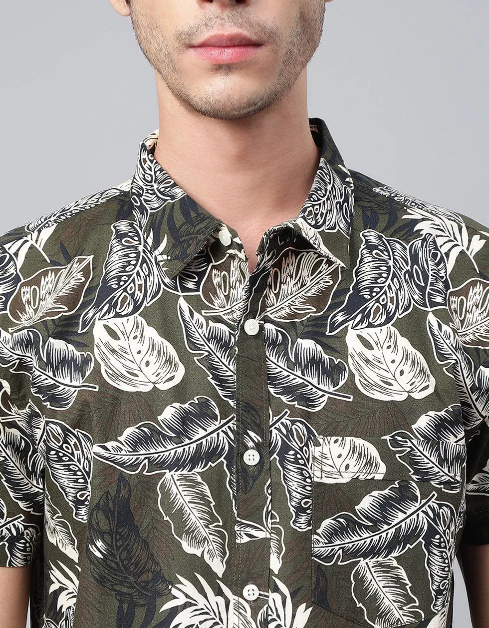 Olive Floral Printed Casual Shirt