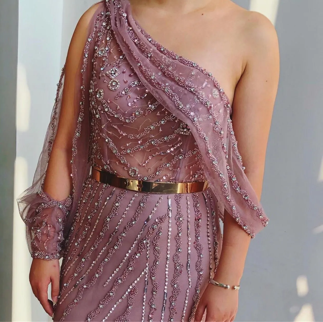 One shoulder Beaded Sparkle Evening Gown