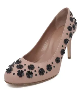 Red Valentino Mauve Leather Heels w/ Black Floral Sequins sz 6.5