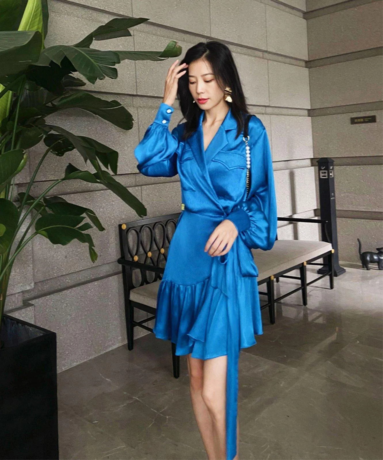 Satin Puff Sleeve High-Low Ruffle Blazer Dress