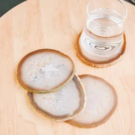 Set of 4 Natural Brazilian Agate Drink Coasters with Wood Holder - Natural