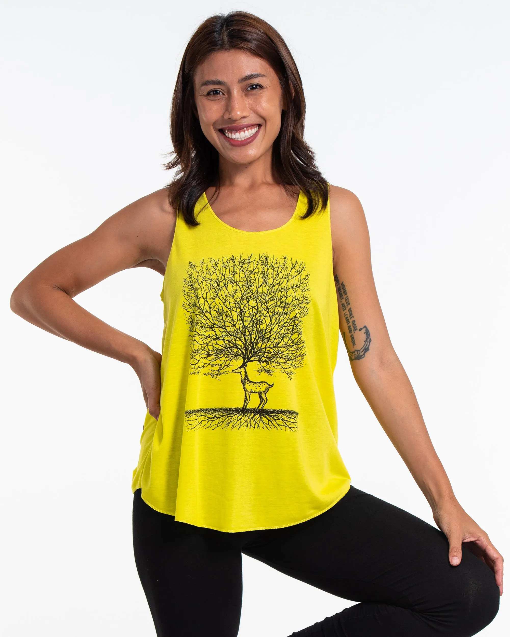 Super Soft Cotton Womens Bambi Tree Tank Top in Yellow