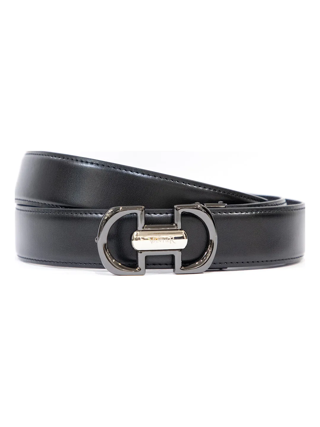 Vantier Luxury Black Belt, Black Gun Metal/Silver Buckle A13