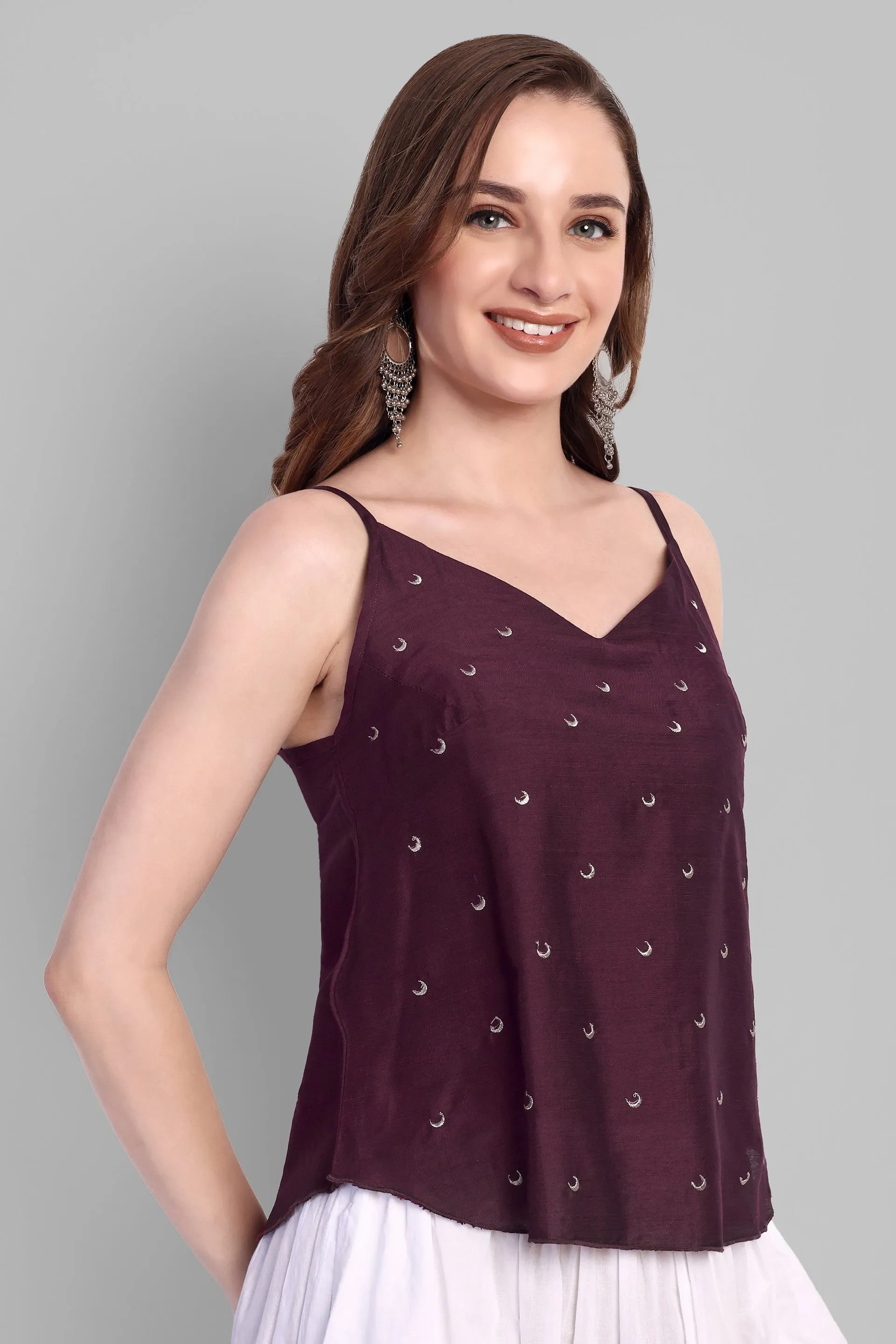 Wine Cotton silk Embriodery top