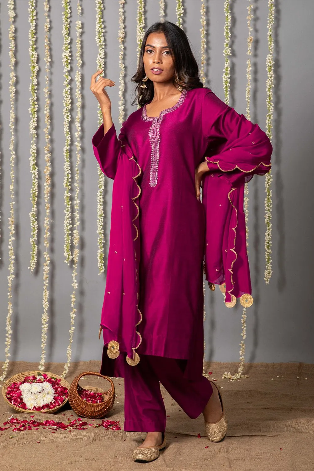 Wine Purple Cotton silk Kurta with Organza Silk Dupatta - Set of 3