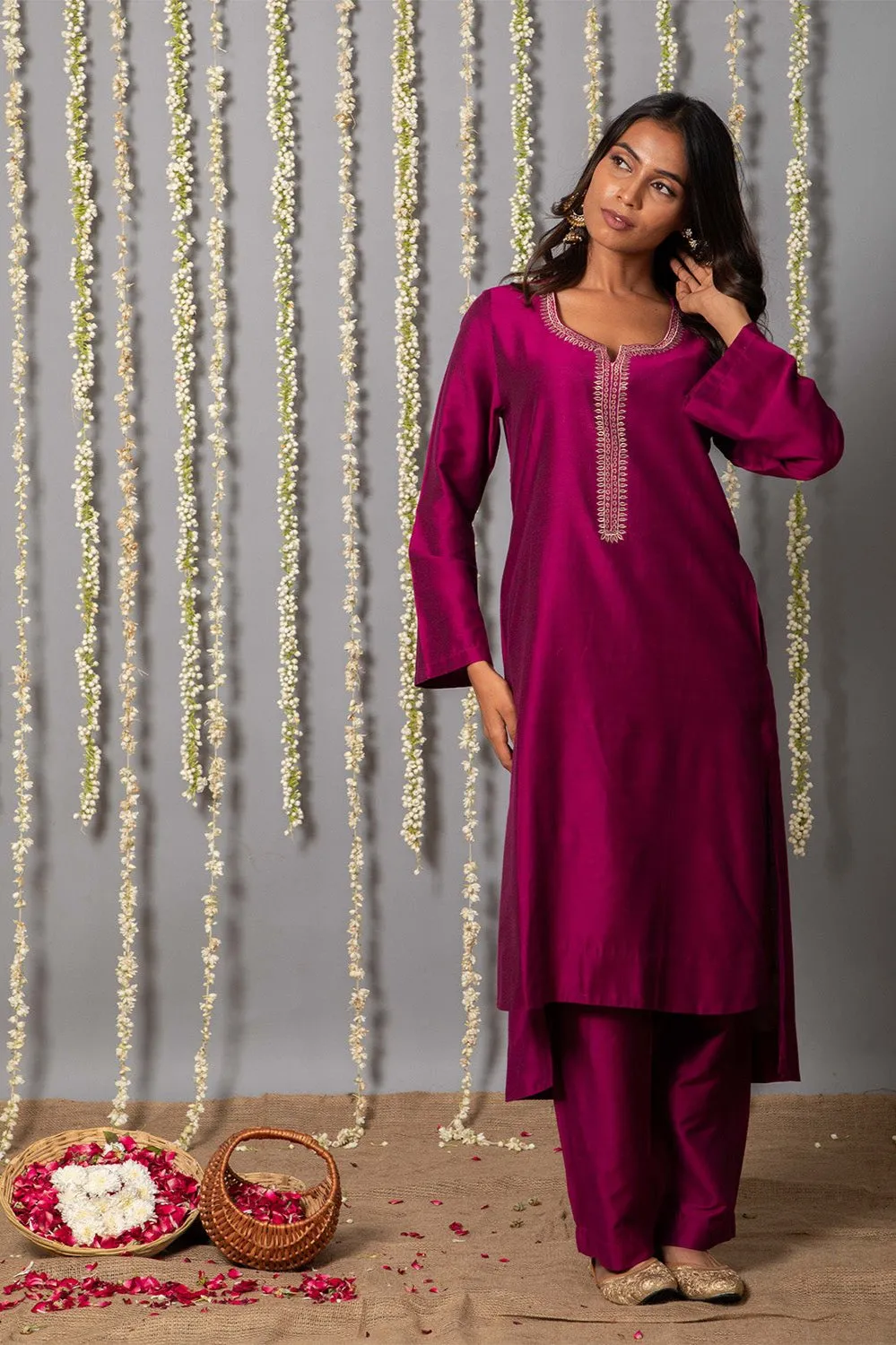 Wine Purple Cotton silk Kurta with Organza Silk Dupatta - Set of 3