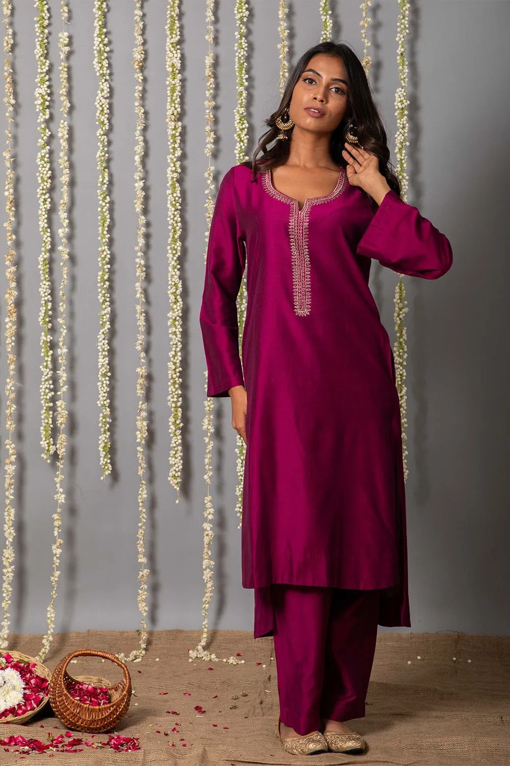 Wine Purple Cotton silk Kurta with Organza Silk Dupatta - Set of 3