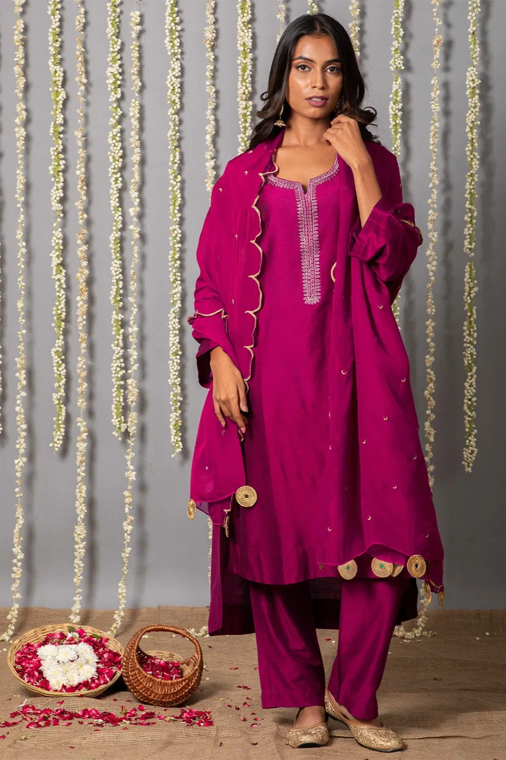 Wine Purple Cotton silk Kurta with Organza Silk Dupatta - Set of 3